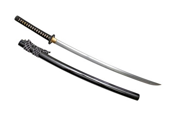Japanese sword steel fitting and black silk cord with glossy black scabbard isolated in white background. Selective focus.