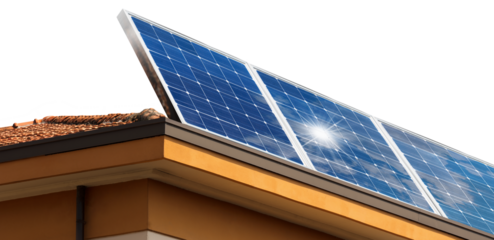 Close-up of a group of solar panels above the roof of a house, isolated on transparent background. Renewable Energies Concept. Photography, png.