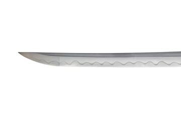 Japanese sword blade on white background. Soft focus.  The wavy pattern on the blade edge is a line of hardness that a blacksmith makes so that the blade doesn't break.  Each piece is unique.
