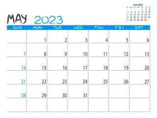 Calendar 2023 year. May 2023 planner. Desctop calendar design. 2023 month planner. Life or business planner. Place for notes. Printable template.
