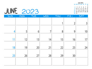 Calendar 2023 year. June 2023 planner. Desctop calendar design. 2023 month planner. Life or business planner. Place for notes. Printable template.