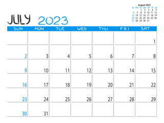 Calendar 2023 year. July 2023 planner. Desctop calendar design. 2023 month planner. Life or business planner. Place for notes. Printable template.