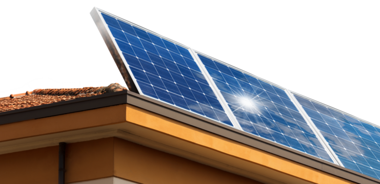 Close-up of a group of solar panels above the roof of a house, isolated on transparent background. Renewable Energies Concept. Photography, png.