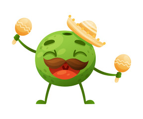 Cartoon Mustached Green Lime Fruit in Sombrero Hat with Maraca Dancing and Cheering Enjoying Summer Season Vector Illustration