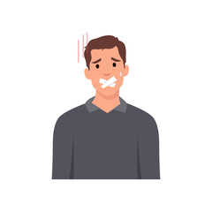 Young man with scotch tape on mouth prohibited to talk speak. Flat vector illustration isolated on white background