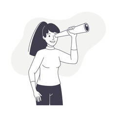 Woman Character with Telescope Looking in Future Observing Vector Illustration