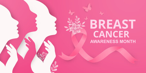 Naklejka na ściany i meble Breast cancer awareness month in October. Realistic pink ribbon butterfly woman face and flower. Poster template. Vector illustration.