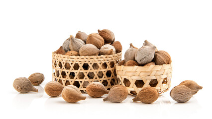 Terminalia bellirica or Beleric Myrobalan fruits isolated on white background.