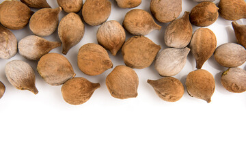 Terminalia bellirica or Beleric Myrobalan fruits isolated on white background.