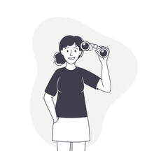 Woman Character with Binoculars Looking in Future Observing Vector Illustration