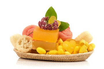 Yellow cocoon and soap isolated on white background.