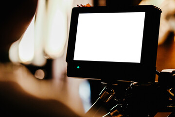 Film set, monitors shooting equipment. Film crew