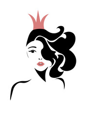 Beautiful woman face , keeping crown, hair salon sign, icon. Beauty Logo. Vector illustration.Hand drawing style	