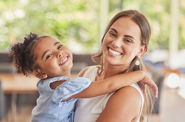 Family hug, girl smile and mother with love for kid in living room of home, happy with relax...