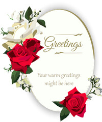 Vector greeting floral template with red and white roses, jasmine and greenery, copy space included. 