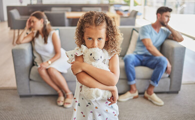 Sad girl, fighting parents thinking of divorce in living room and child scared family will...
