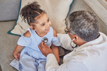 Home consultation, child and pediatrician with stethoscope doing health check on happy kid patient. Happiness, smile and young girl with medical healthcare worker or medicine doctor doing heart exam