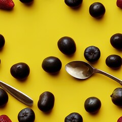 black olives in a bowl with a spoon on a yellow background