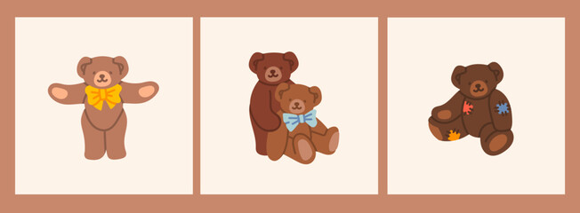 Set of cute Teddy Bears. Various funny characters. Valentines day, love, romance, toy, gift concept. Cartoon style. Hand drawn colorful Vector illustration. Every bear is isolated