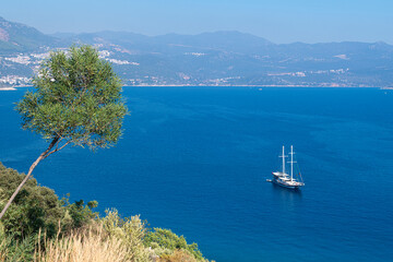 Fototapeta premium Scenes of moored boats in the bays and marinas in Kaş.Beautiful view of the Kaş the small Mediterranean town in Antalya province, Turkey 