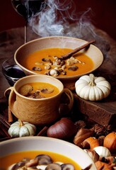 Obraz na płótnie Canvas pumpkin soup tomato soup carrot soup orange soup in a bowl illustration mushroom soup autumn pumkins leaves basil herbs pott