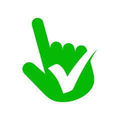 Logo con silueta de mano como puntero como mouse con símbolo checkmark en espacio negativo