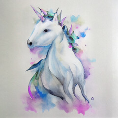 Watercolor of a unicorn. White horse with colored spots on white paper. Lovely image of rainbow unicorn
