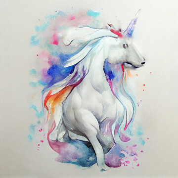 Watercolor of a unicorn. White horse with colored spots on white paper. Lovely image of rainbow unicorn