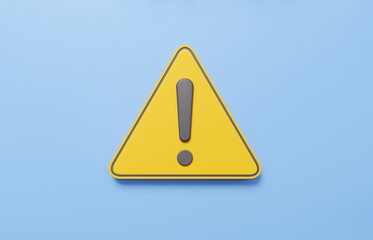 3D yellow triangle warning symbol icon on isolated blue pastel background. error alert safety concept. careful attention, advice help, important, elements. 3d render illustration - obrazy, fototapety, plakaty