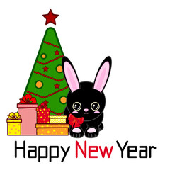 Happy New Year! A cute black rabbit near a decorated Christmas tree with gifts. Chinese New Year