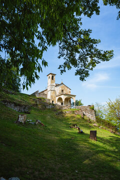 The landscape of Lake Como during spring, near the town of Musso, Italy - May 2022.