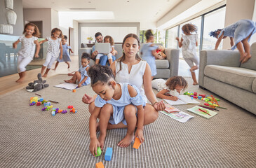 Meditation, calm and excited family children with high energy, have fun and running in living room....