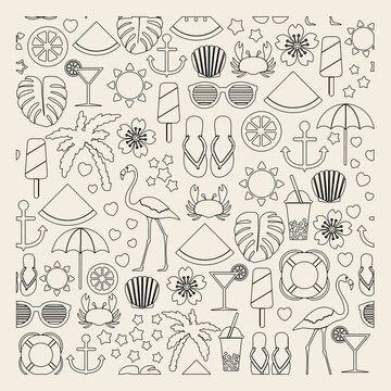 lines Hand drawn beach doodle set background.  vector illustration for tee, poster, jacket etc