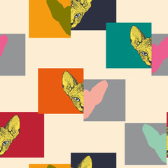 Funky cats. Head sphinx cat geometric seamless pattern, sketch graphics. Vector