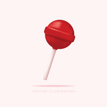 Red sweet lollipops. Round candy on a stick. 3d vector illustration in cartoon minimal style