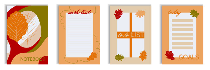 Autumn leaves decorated cover wish to do goals list templates. Lined pages, notes, labels with elm oak falling foliage. For notebooks, planners, brochures, schedule, checlists.