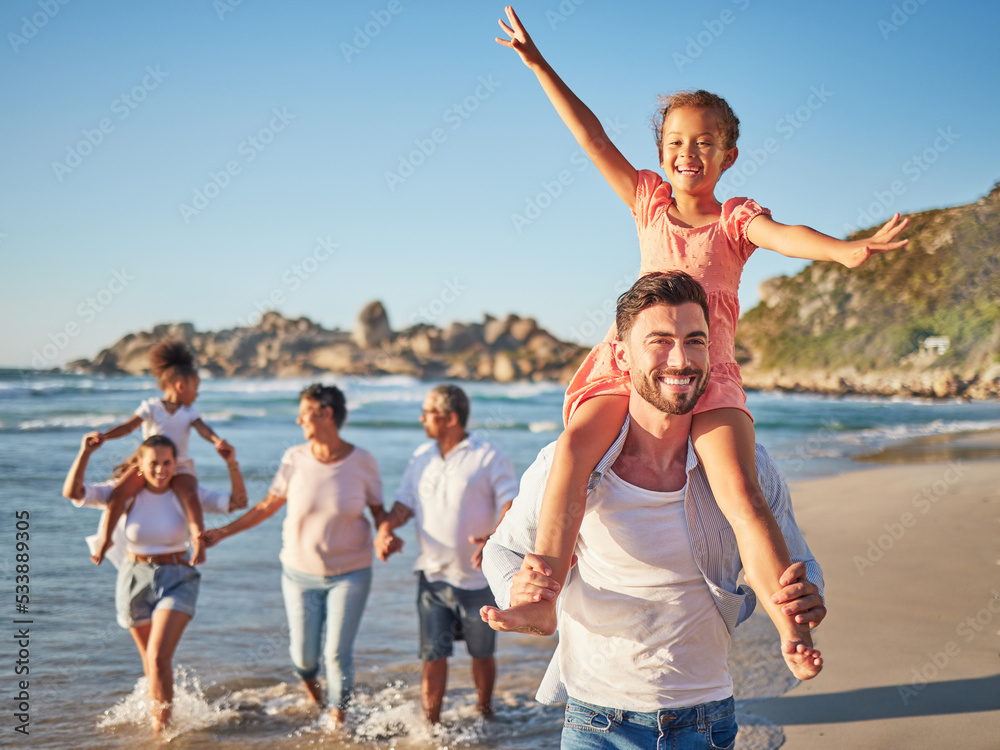 Canvas Prints Happy, travel and love with big family at beach for Colombia holiday for summer, relax and support. Sunset, nature and smile with parents, kids and grandparents walking by the sea for vacation