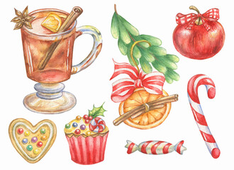Hand drawn watercolor christmas set.Christmas elements.Apple,mulled wine,gingerbread cookie,cupcake,candy cane,fir branch with orange.For holidays design.