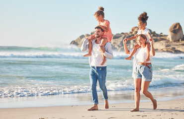 Ocean, piggy back and couple with kids on a summer holiday at the beach. Love, family and fun, man...