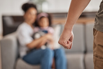 Fototapeta na wymiar Man, fist and domestic abuse of family, woman and child on home or house living room sofa. Zoom, hands and angry father or parent ready to fight in violence and anger with scared, adhd or autism kid