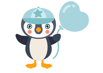 Baby boy penguin hold a blue heart balloon