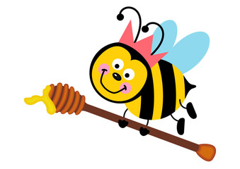 Cute bee holding a wooden honey spoon