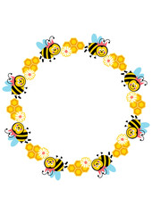 Empty round frame with bee and honeycomb
