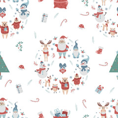 Fototapeta premium Christmas cute seamless pattern. New Years Santa characters, snowman and cute animals on white background with Christmas tree and gifts. Vector christmas ornament for decor, design. kids collection.