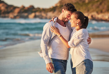 Travel, tourism and beach vacation with happy couple sharing hug, love and laughing while on...