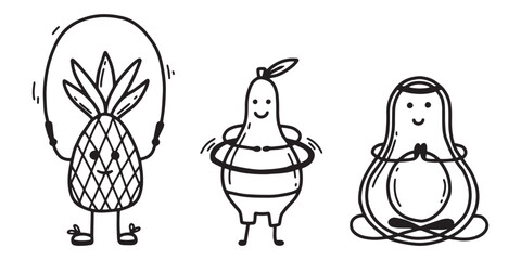 Fruit characters. Set of characters with fruits. Sports fruits. Doodle style. vector illustration. Pineapple, pear and avocado are sporting.