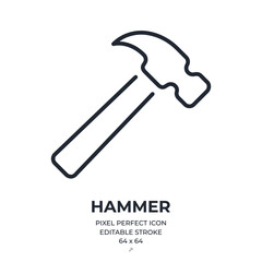 Hammer editable stroke outline icon isolated on white background flat vector illustration. Pixel perfect. 64 x 64.