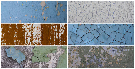 Set of peeling paint textures. Old concrete walls with cracked flaking paint. Weathered rough painted surfaces with patterns of cracks and peeling. Collection of panoramic backgrounds for design.