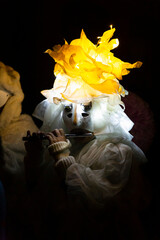 Switzerland, Basel, 7 March 2022. Closeup of a single carnival participant wearing an illuminated...