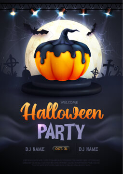 Halloween holiday disco party poster with realistic 3D halloween pumpkin. Vector illustration
